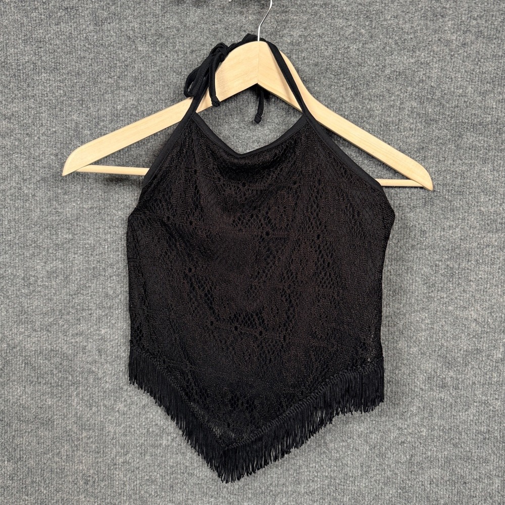 New Y2K Charlotte Russe Sz Small Halter Top Black Going Out Fringe Crochet Lace